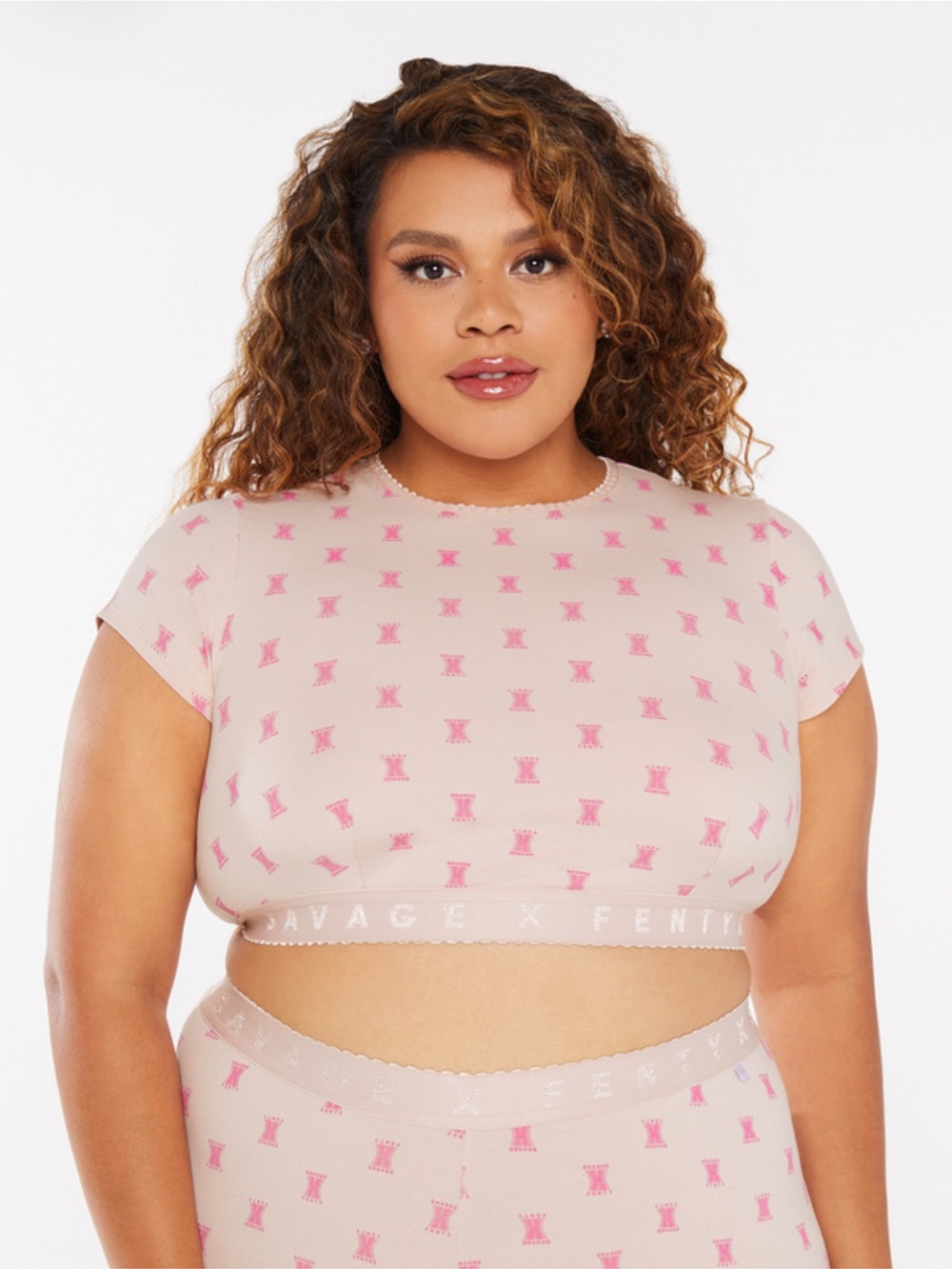 Savage X Fenty Cotton Jersey Crop Top Pink Ash Logo Print